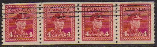 Canada 209a Exército Tipo B Dent. 9 1/2 Tira de 4 selos U